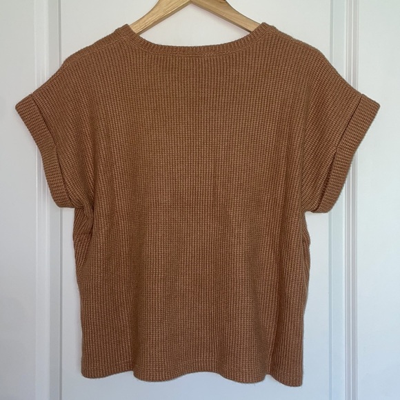 Zenana Women’s Boxy Waffle Knit Cuffed Sleeve Top Camel L - Picture 4 of 5